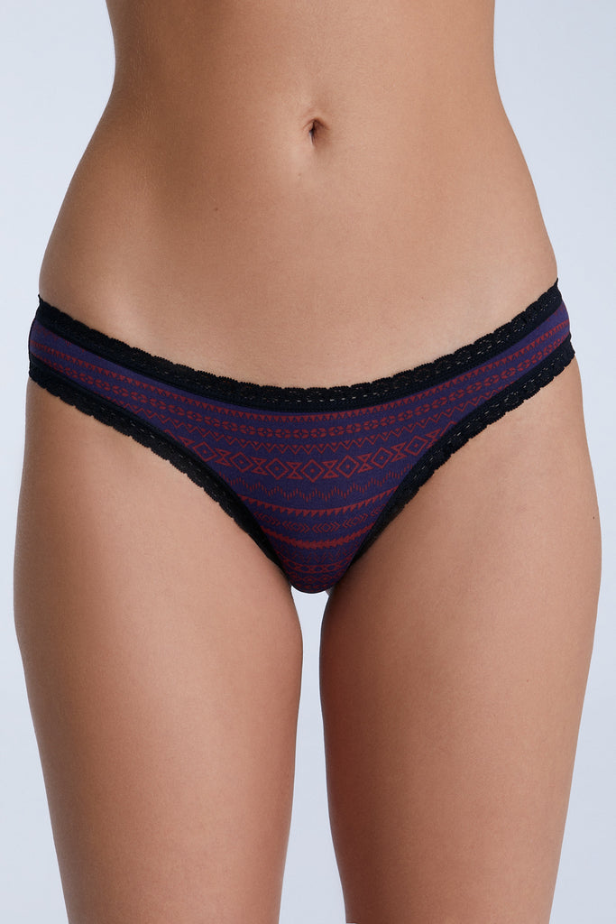 1111-084 | Women's Brief with Lace - Tibetan Red/Navy Geometric