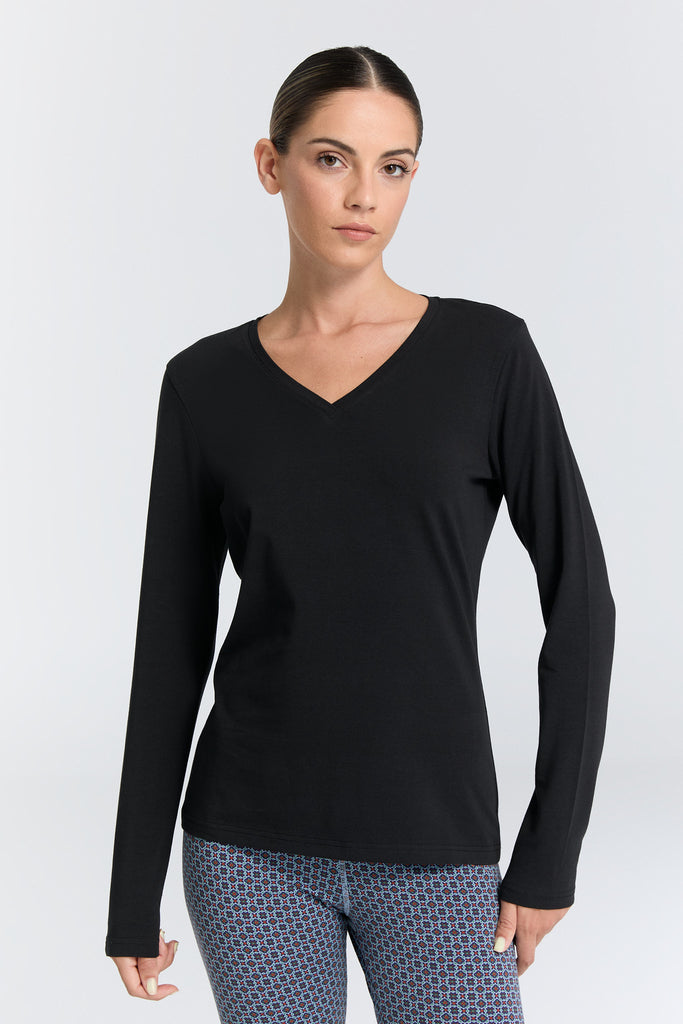 4413-021 | Damen V-Neck Langarmshirt - Schwarz
