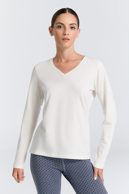 4413-022 | Damen V-Neck Langarmshirt - Naturweiß