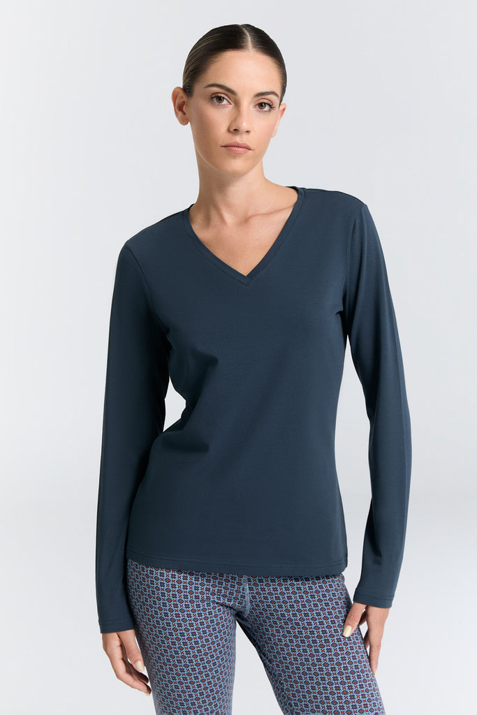 4413-048 | Damen V-Neck Langarmshirt - Navy