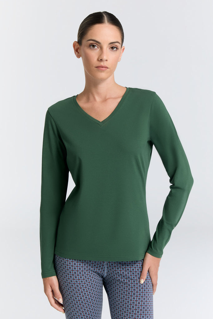 4413-067 | Damen V-Neck Langarmshirt - Tannennadel