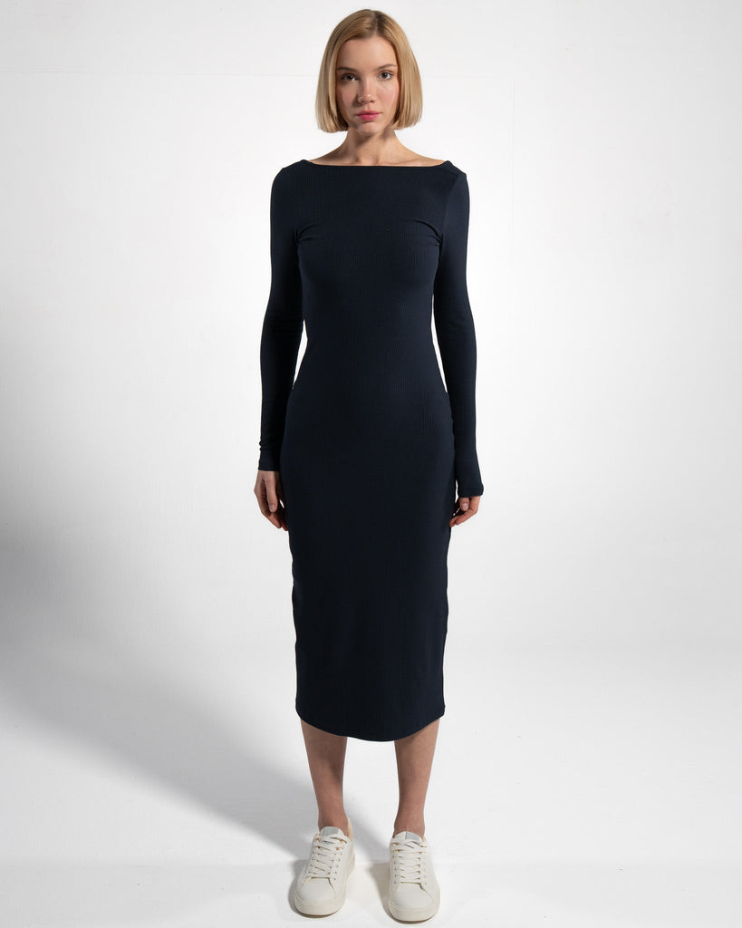 GERIPPTES DAMEN-LANGARMKLEID | NAVY