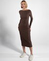 WOMEN'S RIBBED LONG-SLEEVED DRESS | MOCHA BROWN