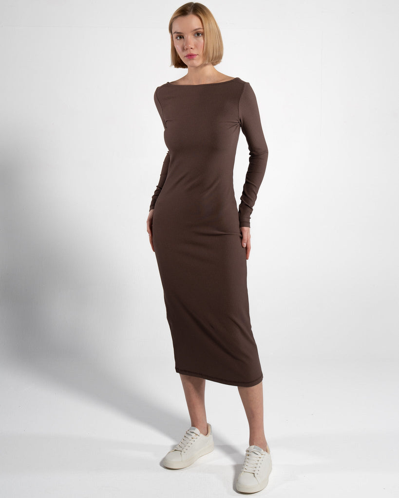 GERIPPTES DAMEN-LANGARMKLEID | MOKKABRAUN