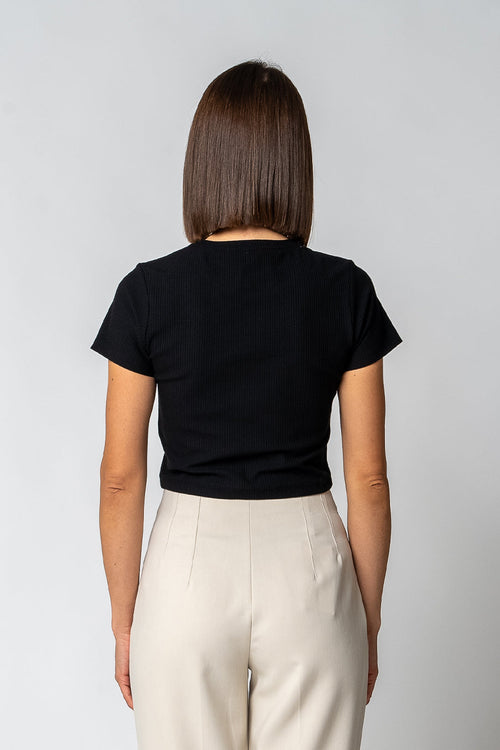 DAMEN GERIPPTES CROPPED T-SHIRT | SCHWARZ