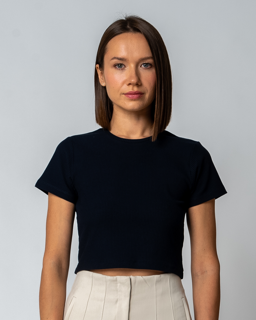 DAMEN GERIPPTES CROPPED T-SHIRT | SCHWARZ