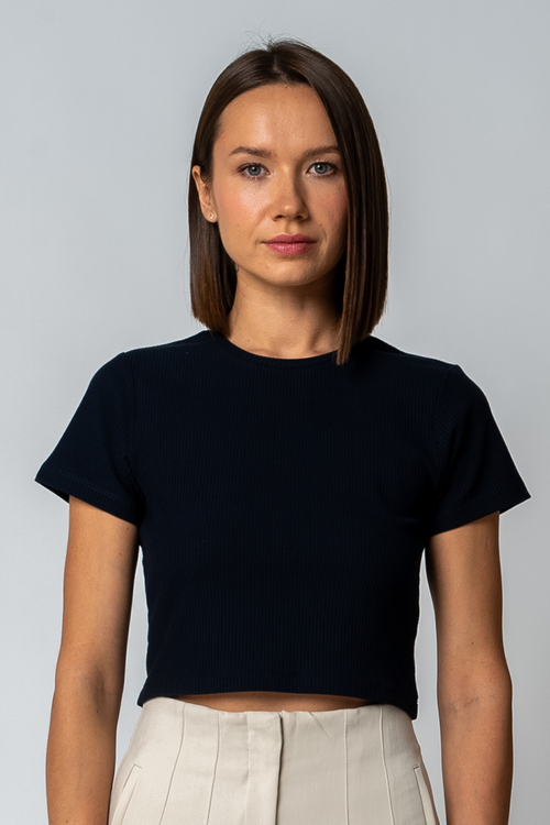 DAMEN GERIPPTES CROPPED T-SHIRT | SCHWARZ