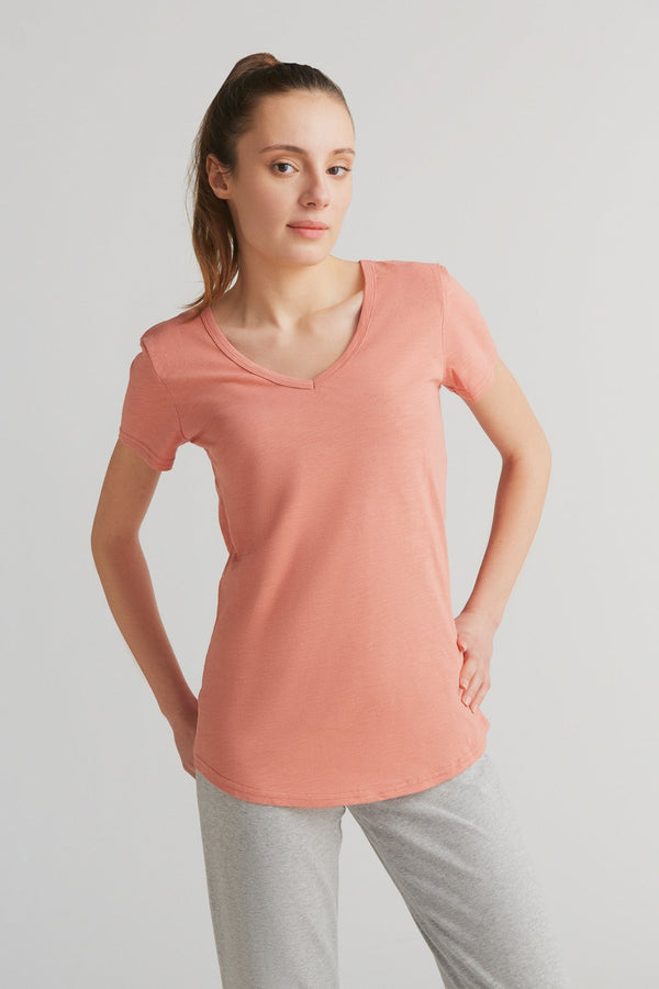 1223-053 | Women Flammé V-Neck T-Shirt - Salmon Pink