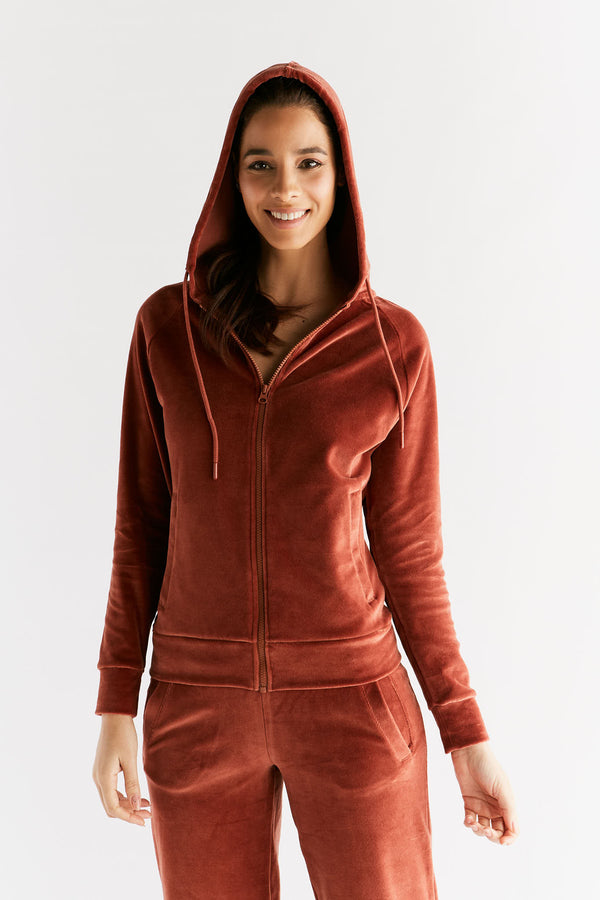1271-043 | Women Velvet Hooded Jacket - Tabasco