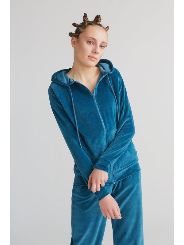 1271-044 | Women Velvet Hooded Jacket - Danuvian Blue