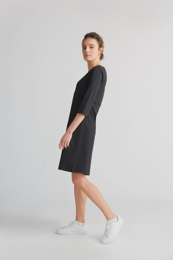 1737-021 | 3/4 Arm V-Neck Dress - Black
