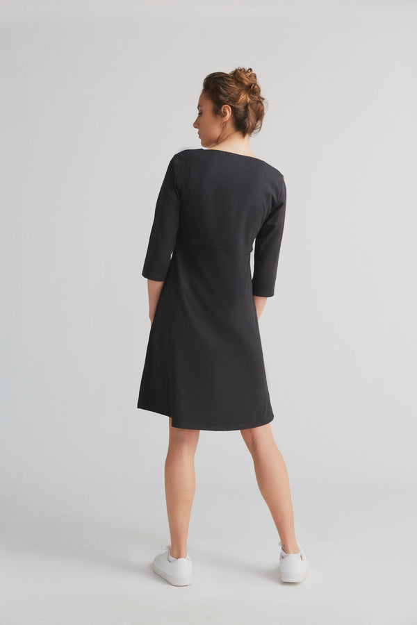 1737-021 | 3/4 Arm V-Neck Dress - Black