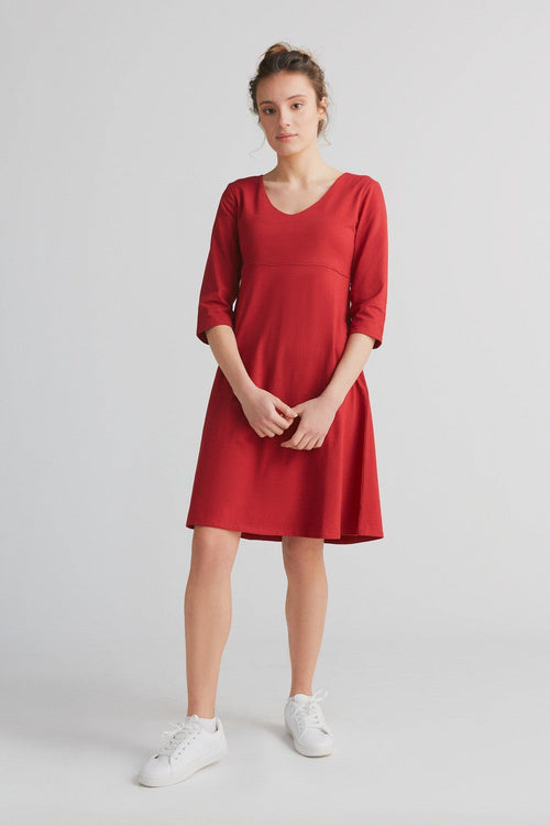 1737-024 | 3/4 Arm V-Neck Dress - Red