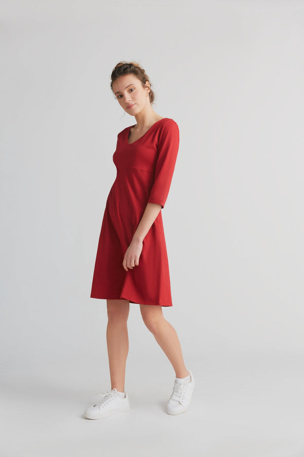 1737-024 | 3/4 Arm V-Neck Dress - Red
